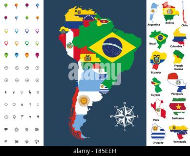South America map mixed with countries flags. Vector illustration Stock Vector