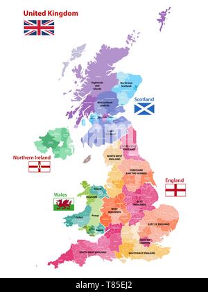 vector map of United Kingdom administrative divisions colored by countries and regions Stock Vector