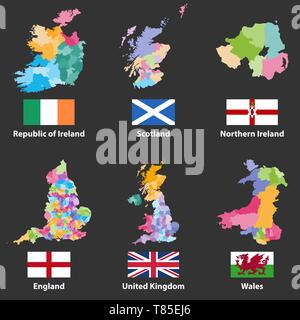 vector maps and flags of Republic of Ireland, Scotland, Northern Ireland, England, United Kingdom and Wales Stock Vector