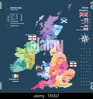 vector map of British Isles administrative divisions colored by countries and regions Stock Vector