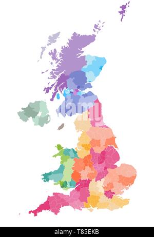 vector map of United Kingdom administrative divisions colored by countries and regions Stock Vector