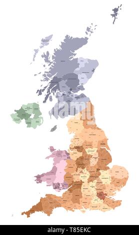 vector map of United Kingdom administrative divisions colored by countries and regions Stock Vector