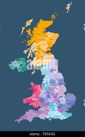 vector map of United Kingdom administrative divisions colored by countries and regions Stock Vector