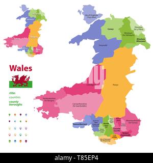 Preserved counties of Wales vector administrative map with districts(cities, counties and city boroughs) Stock Vector