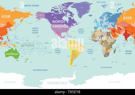 vector world map colored by continents and centered by America Stock Vector