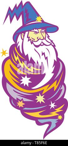 Mascot icon illustration of a wizard, warlock, magician or sorcerer wrapped up in a tornado wind or hurricane storm viewed from front on isolated back Stock Vector