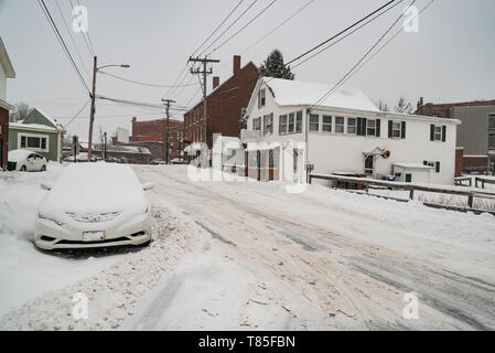 Street with the snow in the town of Saco, Maine Stock Photo