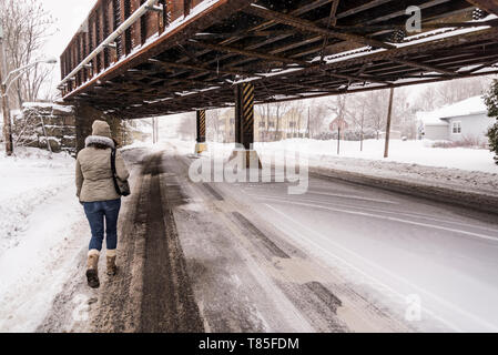 Street with the snow in the town of Saco, Maine Stock Photo