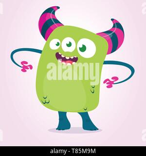 Cute cartoon  monster with hornsand three eyes. Vector illustration Stock Vector