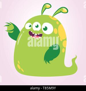 Happy cartoon green three eyed monster. Vector illustration isolated. Halloween design Stock Vector