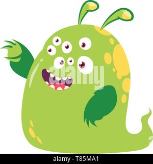 Funny and happy cartoon monster with many eyes  pointing hand. Vector  Halloween illustration of green monster with many eyes Stock Vector