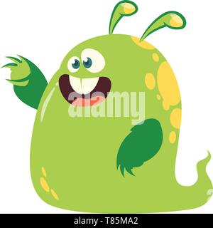 Funny and happy cartoon monster  pointing hand. Vector  Halloween illustration of green monster blob Stock Vector