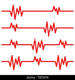 Red heartbeat icons in flat design. Vector illustration. Sign of the electrocardiogram isolated. Stock Vector