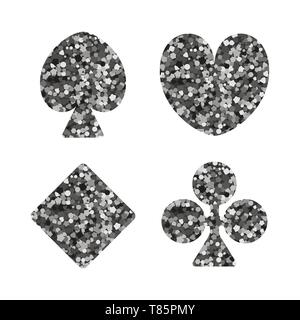 Playing card suit icon. Silver sequin. Hearts, Tiles Diamonds , Clovers Clubs , Pikes Spades . Vector illustration Stock Vector