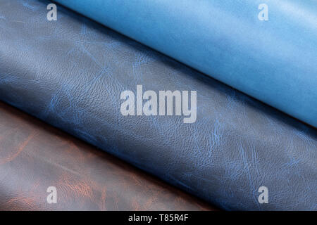 Selected pieces of blue and brown leather for work. Stock Photo