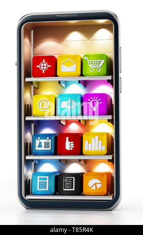 Smartphone with application softwares on the shelves. 3D illustration. Stock Photo