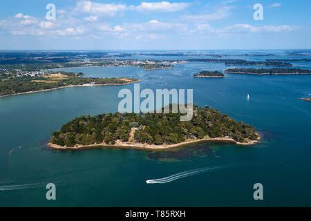 France, Morbihan, Gulf of Morbihan, Regional Natural Park of the Gulf of Morbihan, Baden, Island of er Runio (and Larmor Baden in the background aerial view) Stock Photo