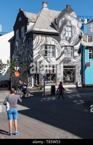 Iceland, Capital Region, Reykjavik, Laugavegur the main street of Reykjavik, mural on the walls Stock Photo