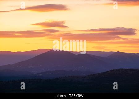 France, Ardeche, Mirabel, sunset over the Monts d'Ardeche Regional Nature Park Stock Photo