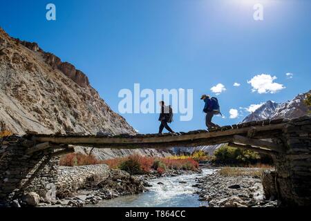 India, state of Jammu and Kashmir, Himalaya, Ladakh, Hemis National Park, trekking from Chilling to Chogdo in the Markha valley, hikers crossing a bridge over the Markha river Stock Photo