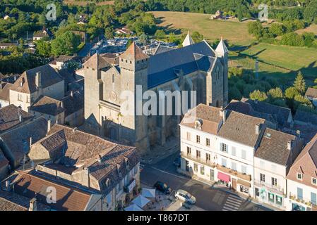 France, Dordogne, Perigord Pourpre, Beaumont du Perigord, medieval village and its fortified church (aerial view) Stock Photo