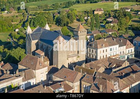 France, Dordogne, Perigord Pourpre, Beaumont du Perigord, medieval village and its fortified church (aerial view) Stock Photo