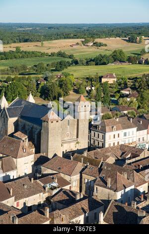 France, Dordogne, Perigord Pourpre, Beaumont du Perigord, medieval village and its fortified church (aerial view) Stock Photo