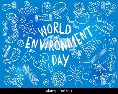 World environment day doodle. Various microorganisms background pattern. Backdrop with infectious germs, protists, microbes, disease causing bacteria, Stock Vector