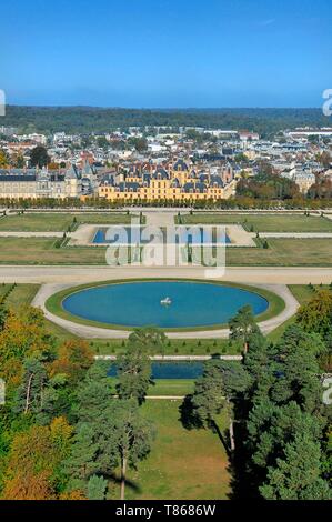 France, Seine et Marne, Fontainebleau, royal castle of Fontainebleau, listed as World Heritage by UNESCO, the gardens create by Le Notre (aerial view) Stock Photo