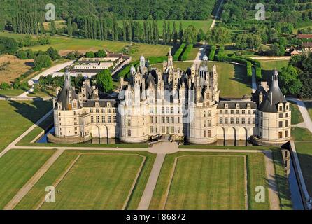 France, Loir et Cher, classified Loire valley World heritage of the UNESCO, Chambord, the castle and her formal gardens (aerial view) Stock Photo