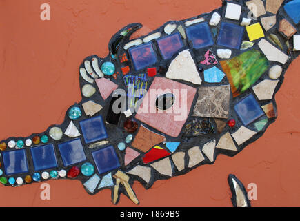 Colorful mosaic tile decoration in Spanish style, broken glass art. Stock Photo