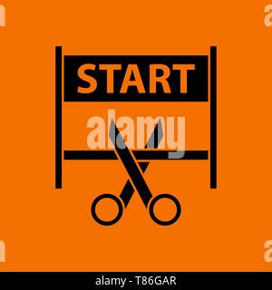 Scissors Cutting Tape Between Start Gate Icon. Black on Orange Background. Vector Illustration. Stock Vector