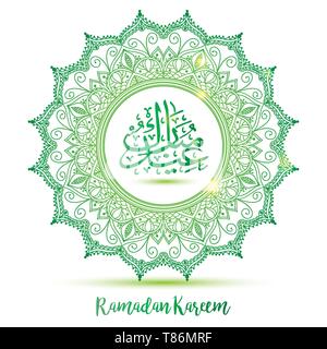 Decorative arabic round lace decor mandala. Vintage vector pattern for print or web design. Mandala abstract green. Calligraphic arabian translate Eid Stock Vector