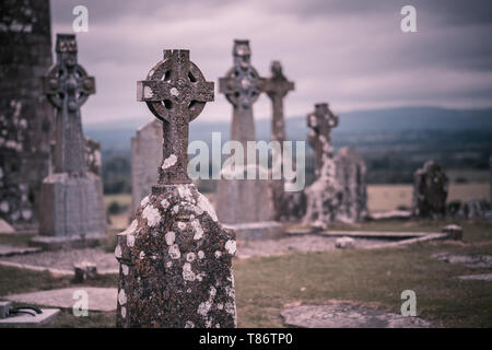 Celtic cross headstones in the cemetery at the Rock of Cashel, County Tipperary, Ireland. Stock Photo