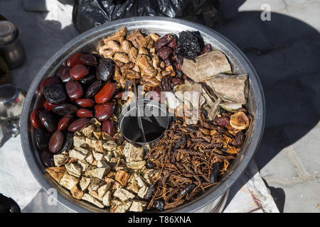 Different Spices And Herbs In Metal Bowls On A Street Market In India Stock Photo