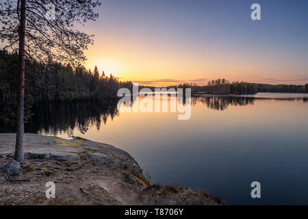 Scenic landscape with sunset, peaceful lake and tree roots at calm spring evening in Finland Stock Photo