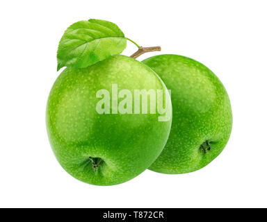 Two green apples on branch isolated on white background Stock Photo