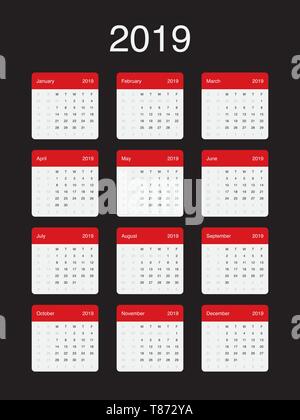 2019 Calendar Clean Minimal Simple Vector Design with a basic grid. Week Starts on Monday. Stock Vector