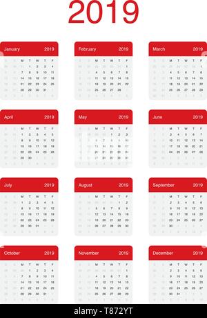 2019 Calendar Clean Minimal Simple Vector Design with a basic grid. Week Starts on Monday. Stock Vector