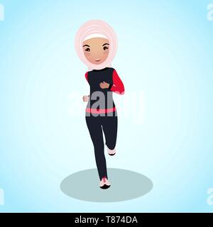 Young girl in abaya tracksuit. Early morning run. Workout outfit. The saudi-made running suit. Beautiful muslim woman in traditional sport clothes. Stock Vector