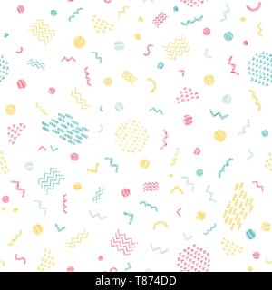 Colorful scratchy seamless pattern. Party background. Abstract texture. Bright delicate colors. Shapes and symbols. Simple backdrop for decoration, wa Stock Vector