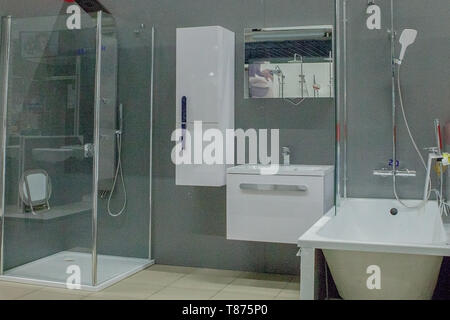 Spacious bathroom in gray tones with freestanding tub, walk-in shower, double sink vanity. Stock Photo