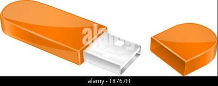 USB flash drive with cap. Orange memory stick Stock Vector