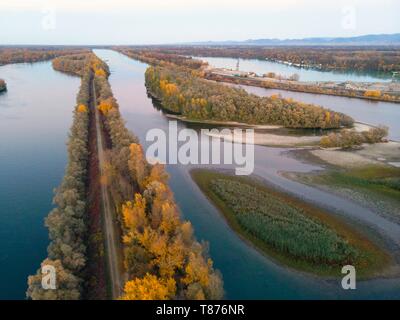 France, Bas-Rhin, Gambsheim, Rhine river on the German French Border (aerial view) Stock Photo
