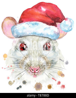 Watercolor portrait of white rat in Santa hat with splashes Stock Photo