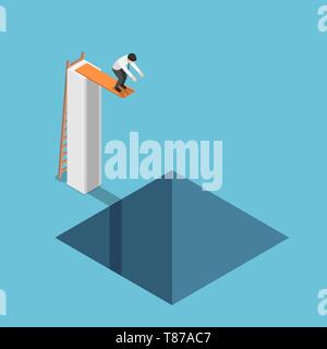 Flat 3d isometric businessman at the highest point ready to jump into the hole. Depressed and business failure concept. Stock Vector
