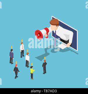 Flat 3d isometric businessman come out from monitor and shout on megaphone to refer a friend. Referral marketing and Digital business advertising. Stock Vector