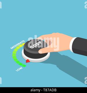 Flat 3d isometric businessman hand turn cost dial to low position. Cost reduction management concept. Stock Vector