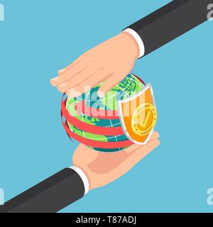 Flat 3d isometric businessman hands protecting the world and warranty shield. World wide warranty and customer service concept. Stock Vector