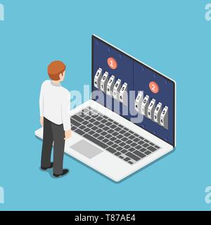 Flat 3d isometric businessman standing in front of laptop with two step password verification. Multifactor or Duo authentication and data protection c Stock Vector